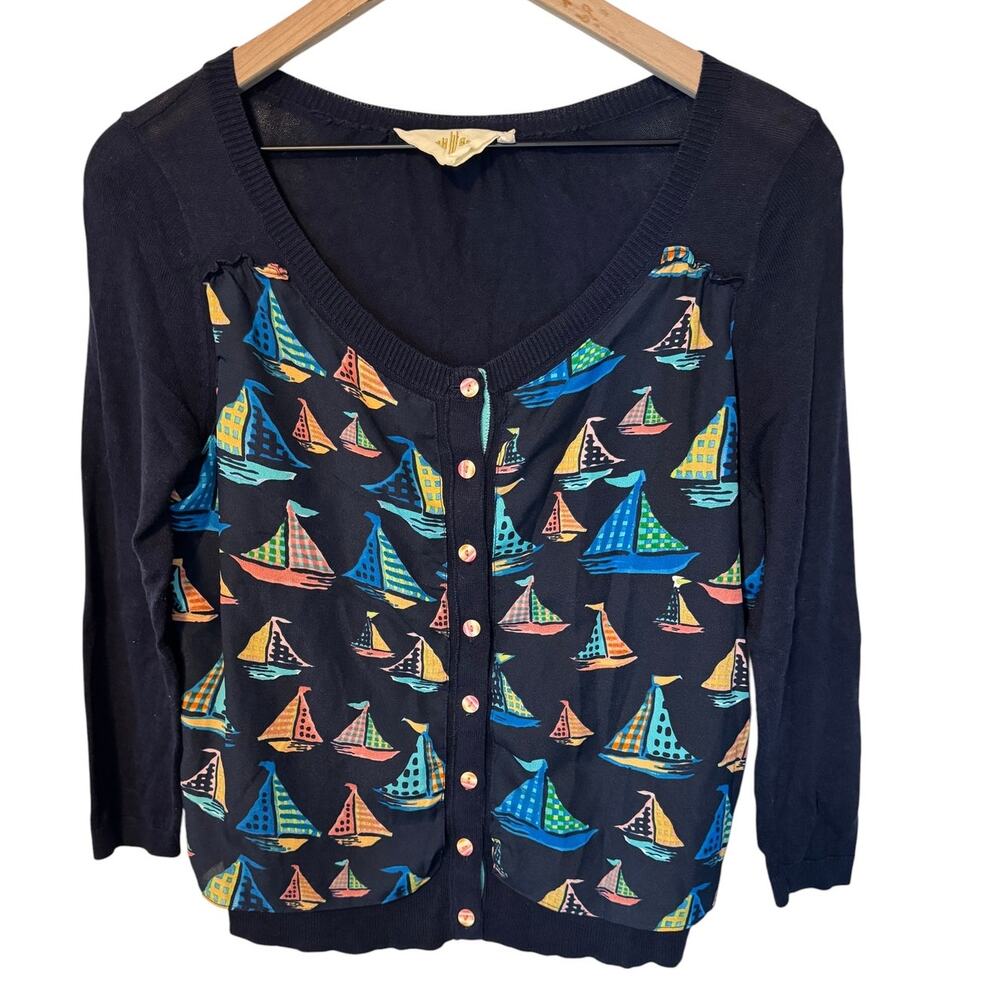 Anthropologie HWR Monogram Sailboat Print 3/4 Sleeve Cardigan Women’s M